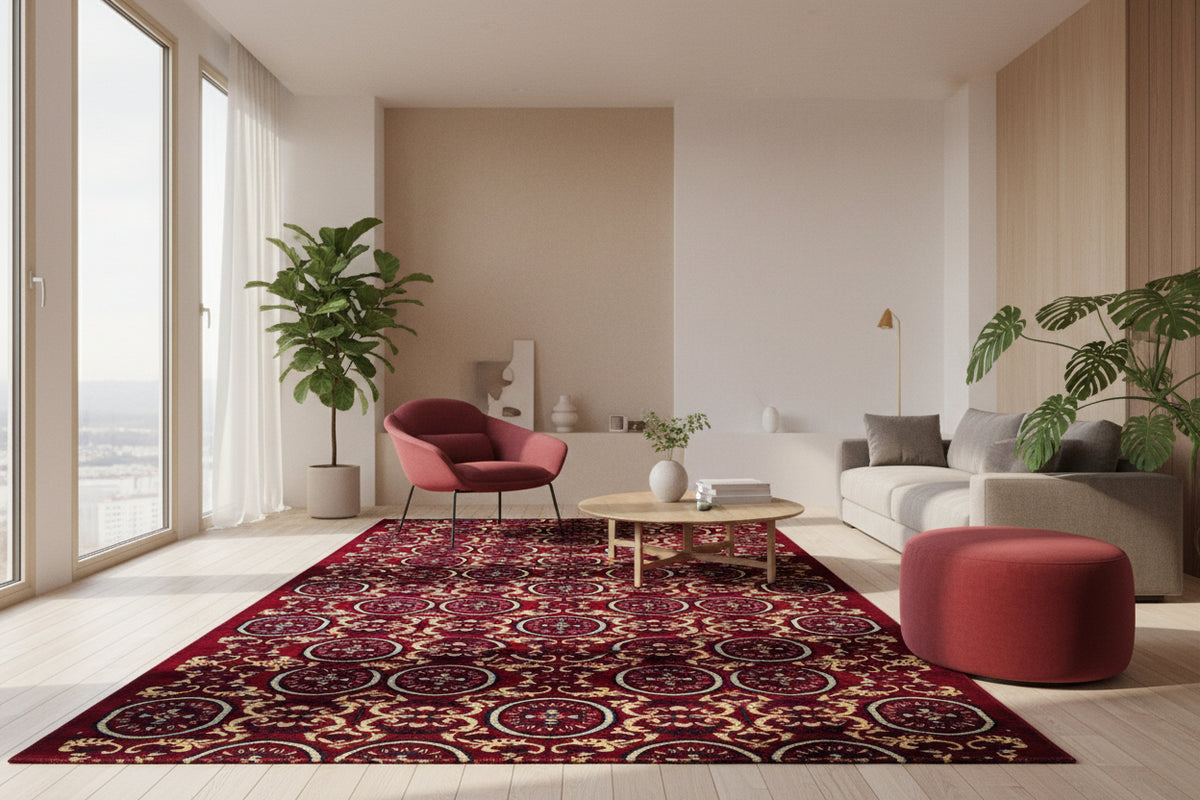 Luxurious Deep Red Medallion Carpet – Traditional .