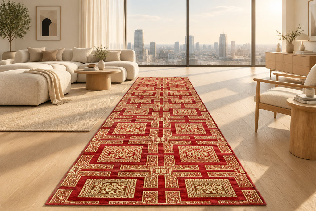 Jzah Shop | Red & Gold Luxury Runner Rug – Classic Geometric Medallion