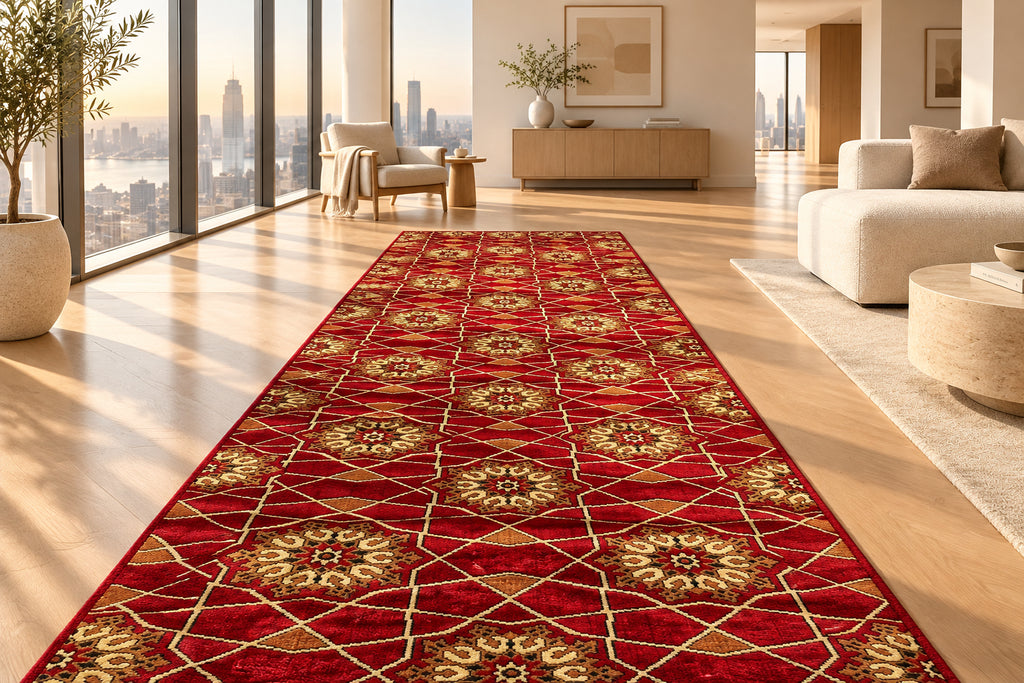 Jzah Shop| Red Diamond Floral Runner Rug – Traditional Trellis Design