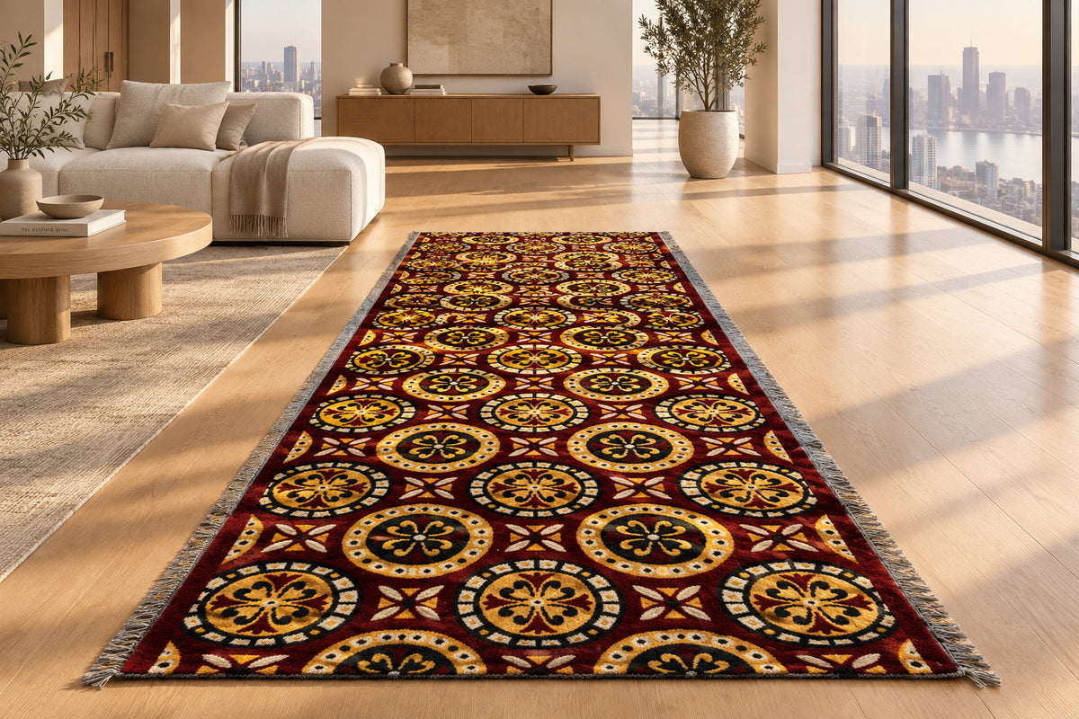 Jzah Shop | Maroon & Yellow Circle Medallion Carpet – Bohemian Floral Design