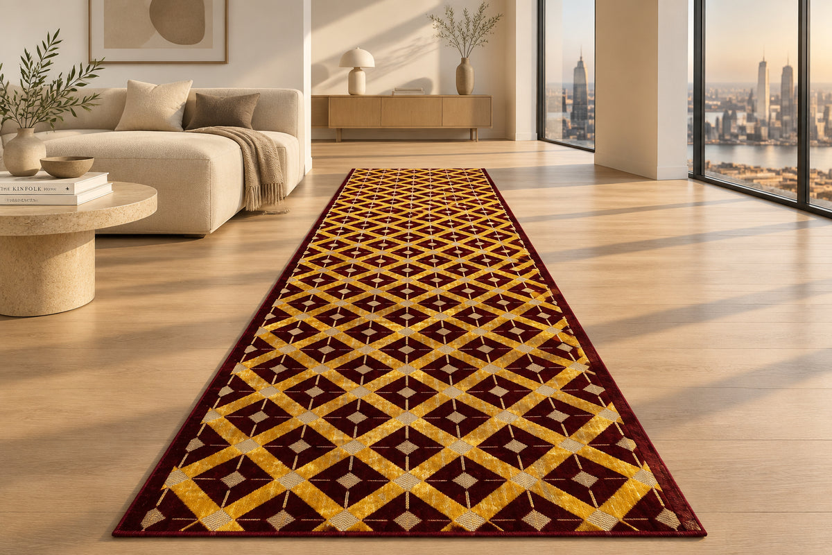 Jzah Shop | Maroon & Gold Diamond Trellis Carpet – Modern Geometric Design