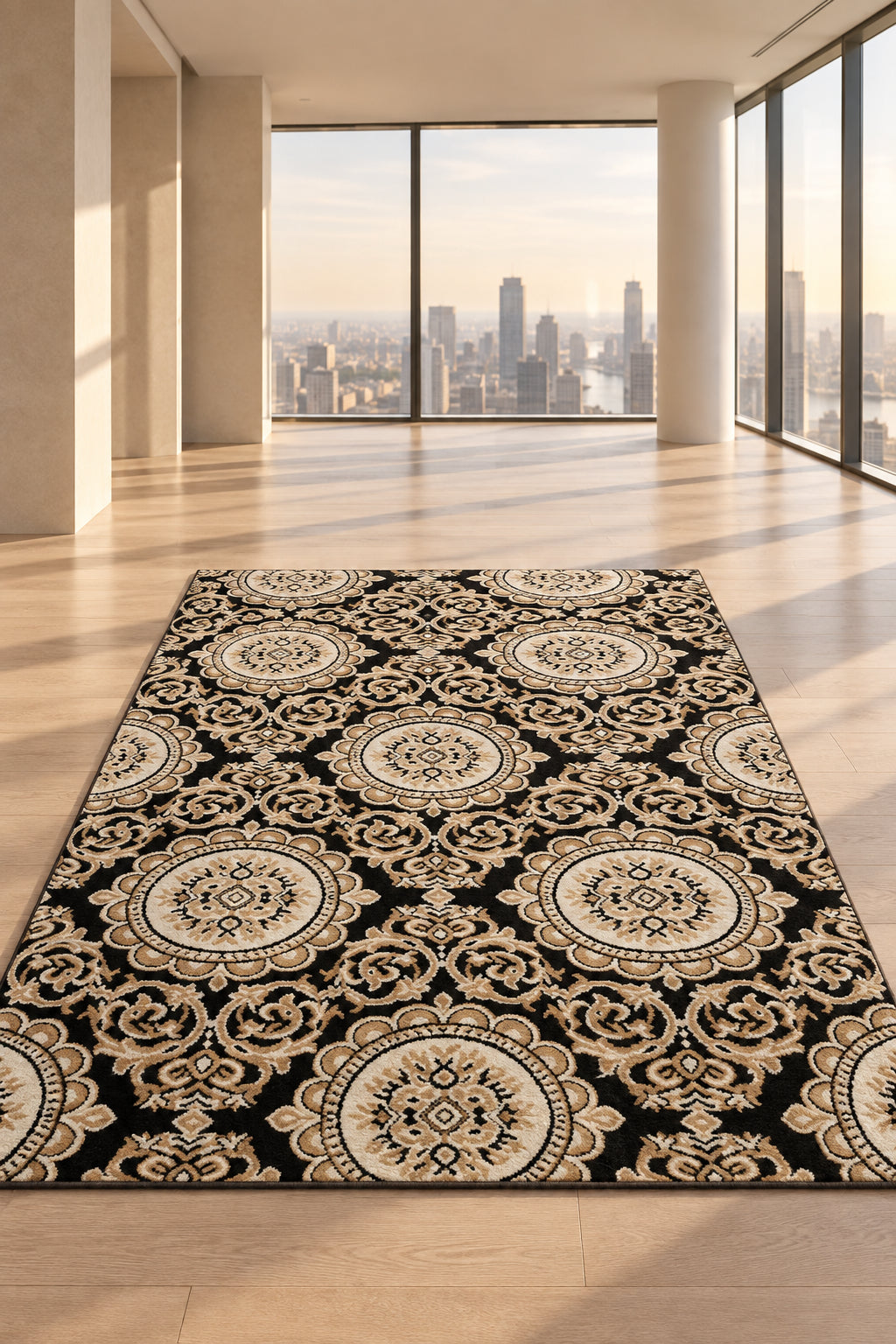 Jzah Shop| Black & Cream Baroque Medallion Carpet – Luxury Floral Design
