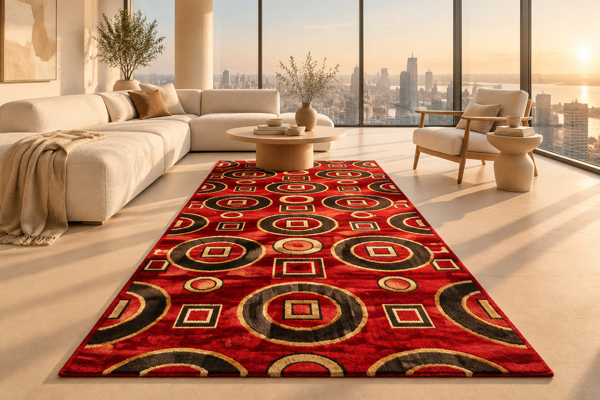 Jzah Shop | Red, Black & Gold Geometric Circles Runner Carpet – Modern Retro Design