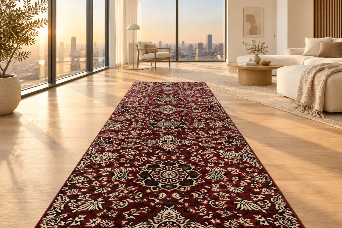 Jzah Shop | Deep Red & Cream All-Over Floral Runner Carpet – Classic Persian Design