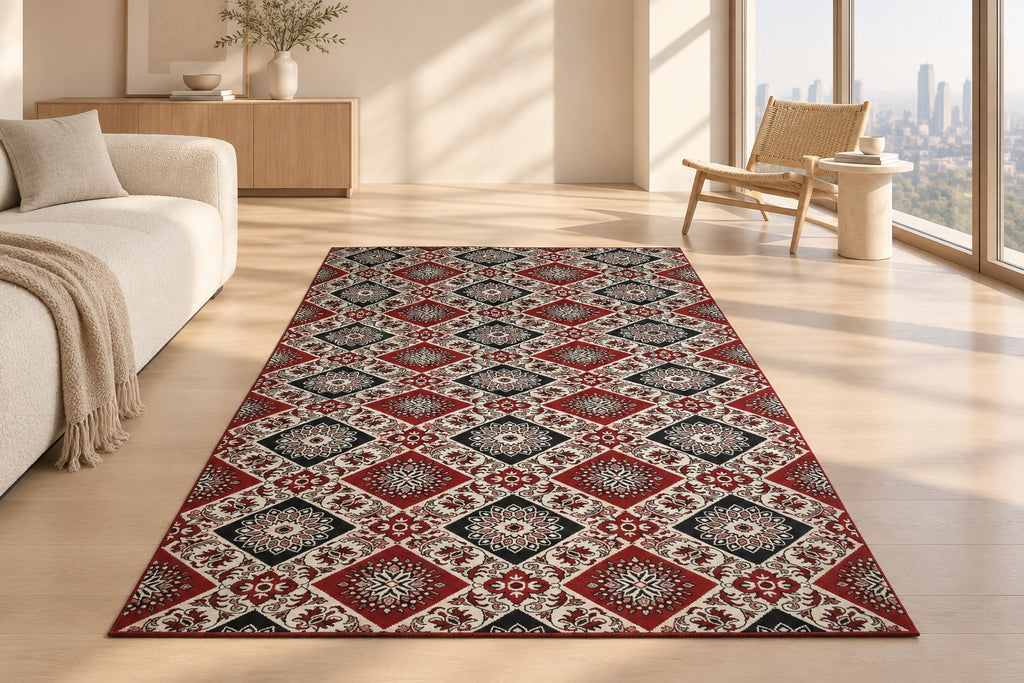 Jzah  Shop| Red, Black & Cream Patchwork Diamond Carpet – Mosaic Floral Tile Design