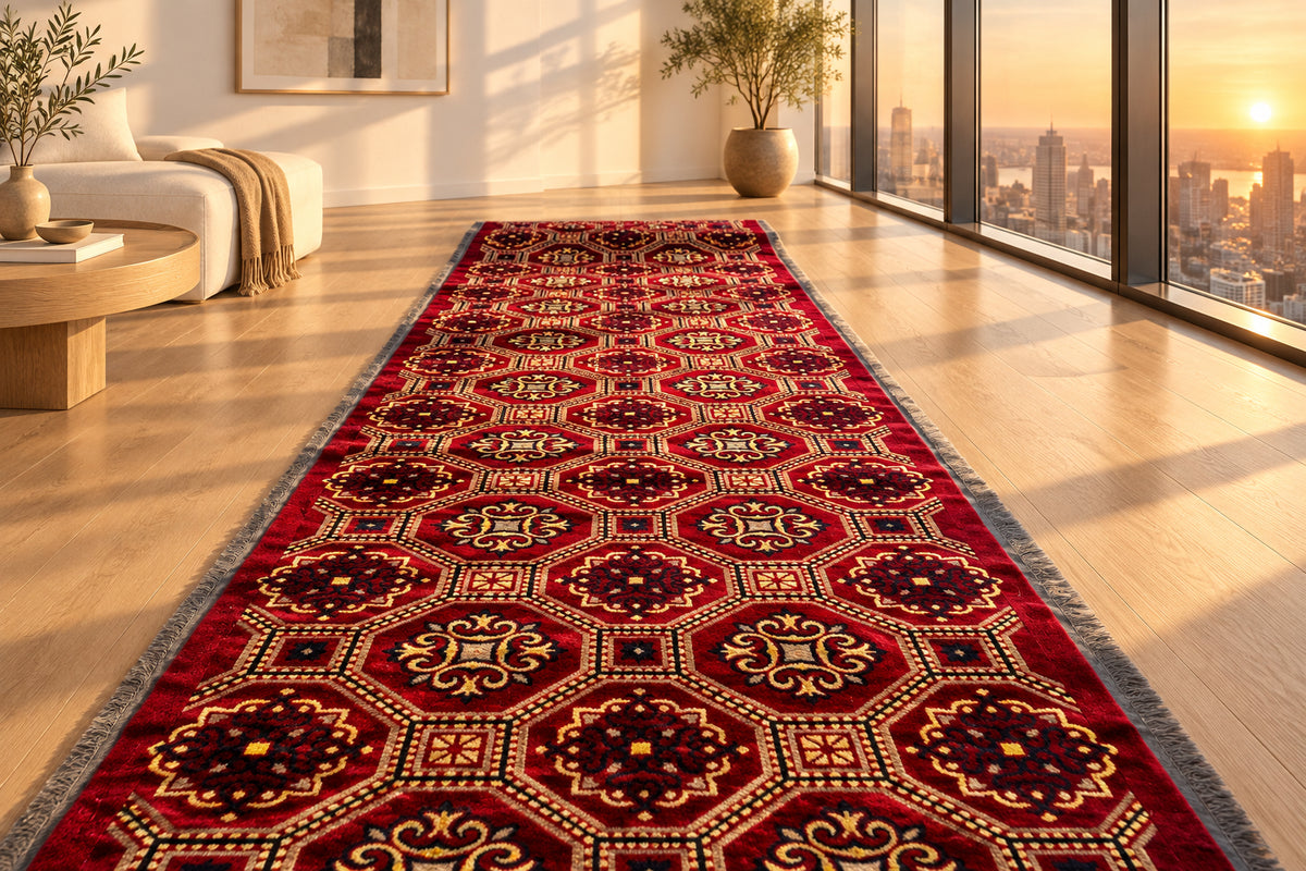 Jzah Shop | Red Hexagonal Tribal Runner Carpet – Handcrafted Kilim Fringe Design