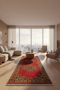 Jzah Shop|Red Traditional Medallion Runner Rug with Blue Fringe