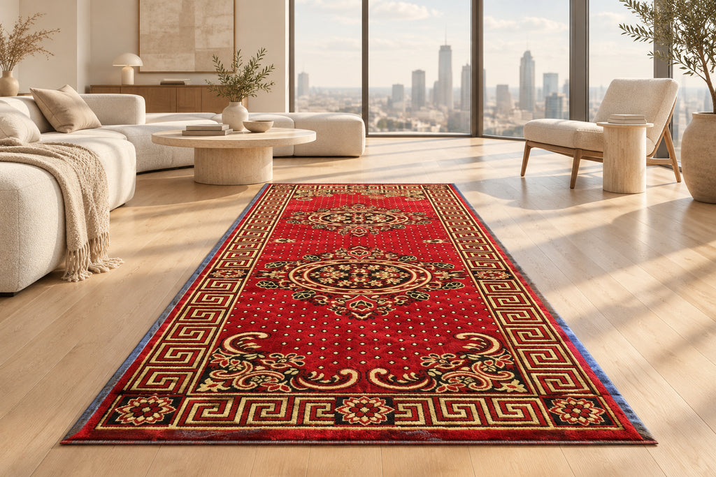 JzahShop | Red & Gold Greek Key Medallion Carpet – Classic Versace-Inspired Design