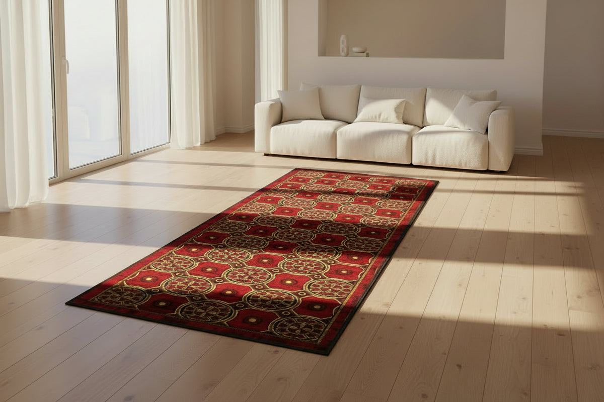 Jzah Shop | Red & Gold Rosette Long Runner – Circle Medallion Pattern
