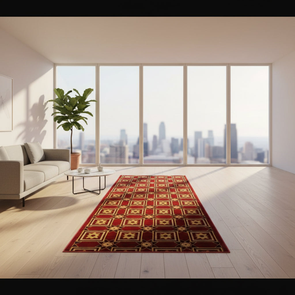 Jzah Shop | Red & Gold Star Grid Wool Carpet – Geometric Square Pattern