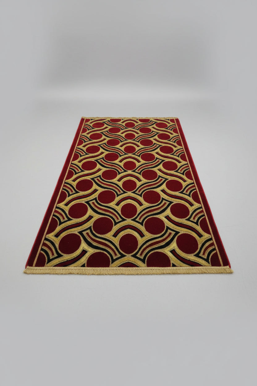 Jzah Shop | Handcrafted Burgundy & Gold Art Deco Wool Carpet – Circle Wave Pattern