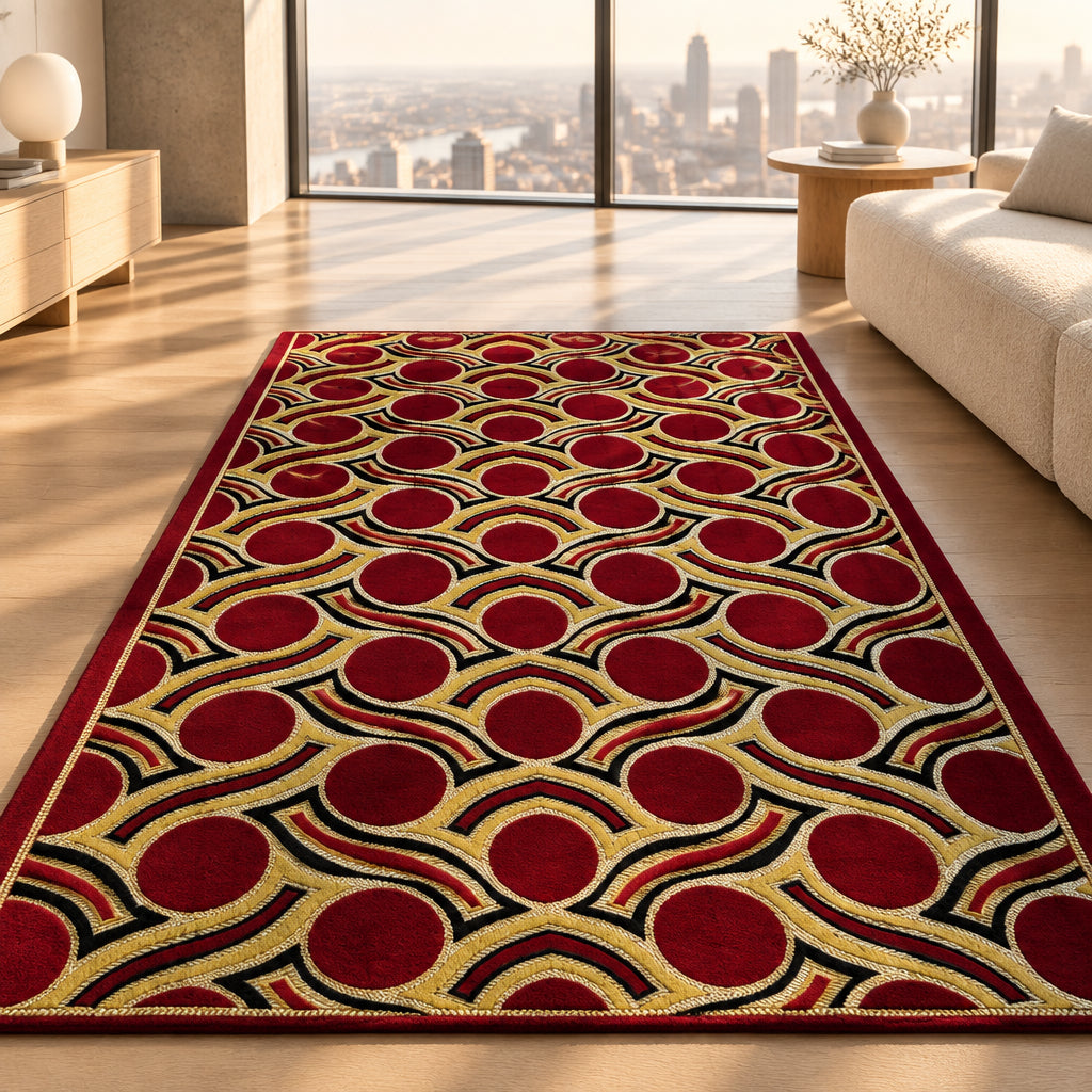Jzah  Shop | Red & Gold Art Deco Circle Carpet – Glamorous Ogee Wave Design