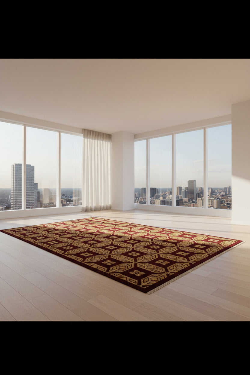 Jzah Shop | Handcrafted Burgundy & Gold Geometric Wool Carpet – Diamond Lattice Pattern
