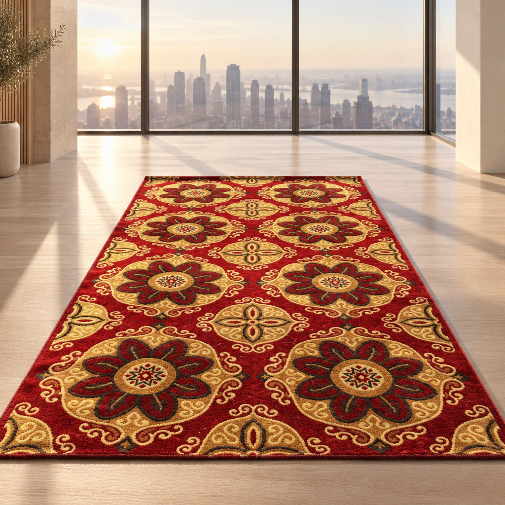 Jzah Shop | Red & Gold Large Floral Medallion Carpet – Suzani Sunflower Design