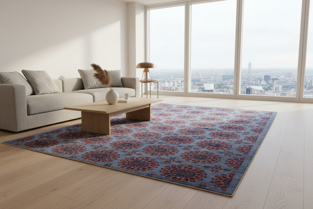 Jzah Shop |Wool Carpet – Traditional Blue Medallion Persian Design