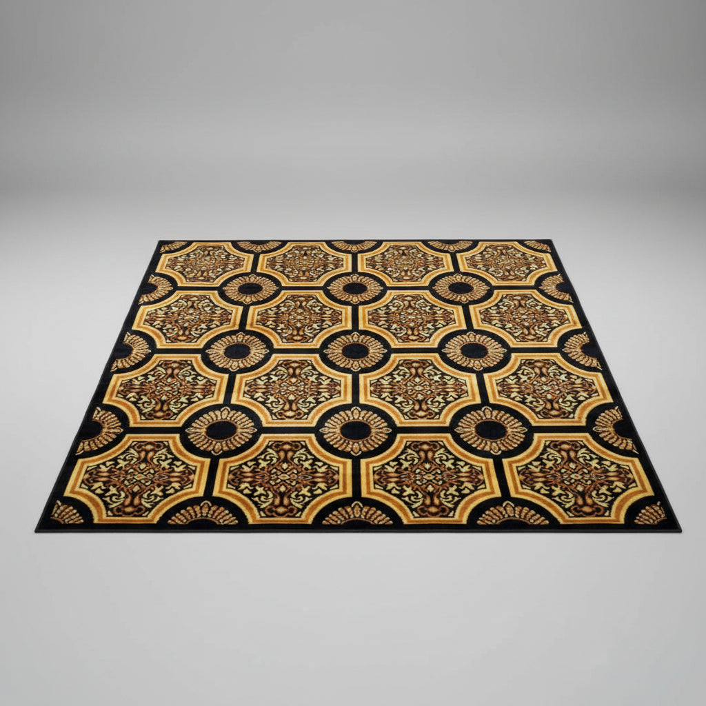 Elegant Traditional Floral Pattern Carpet – Black, Gold &amp; Beige