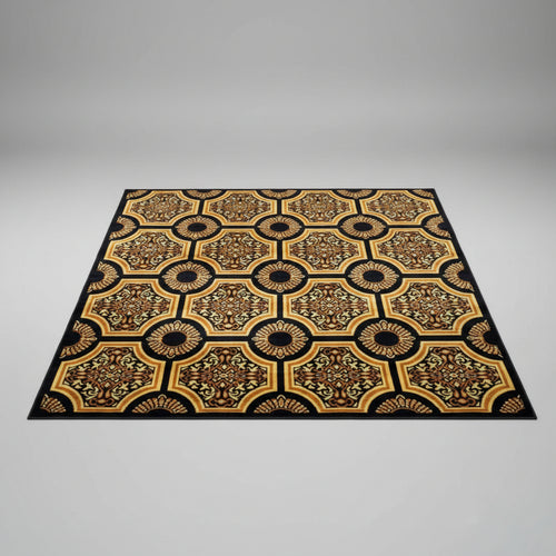 Elegant Traditional Floral Pattern Carpet – Black, Gold &amp; Beige