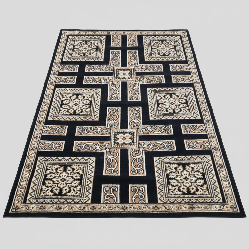 Jzah Shop| Classic Black Geometric Floral Carpet