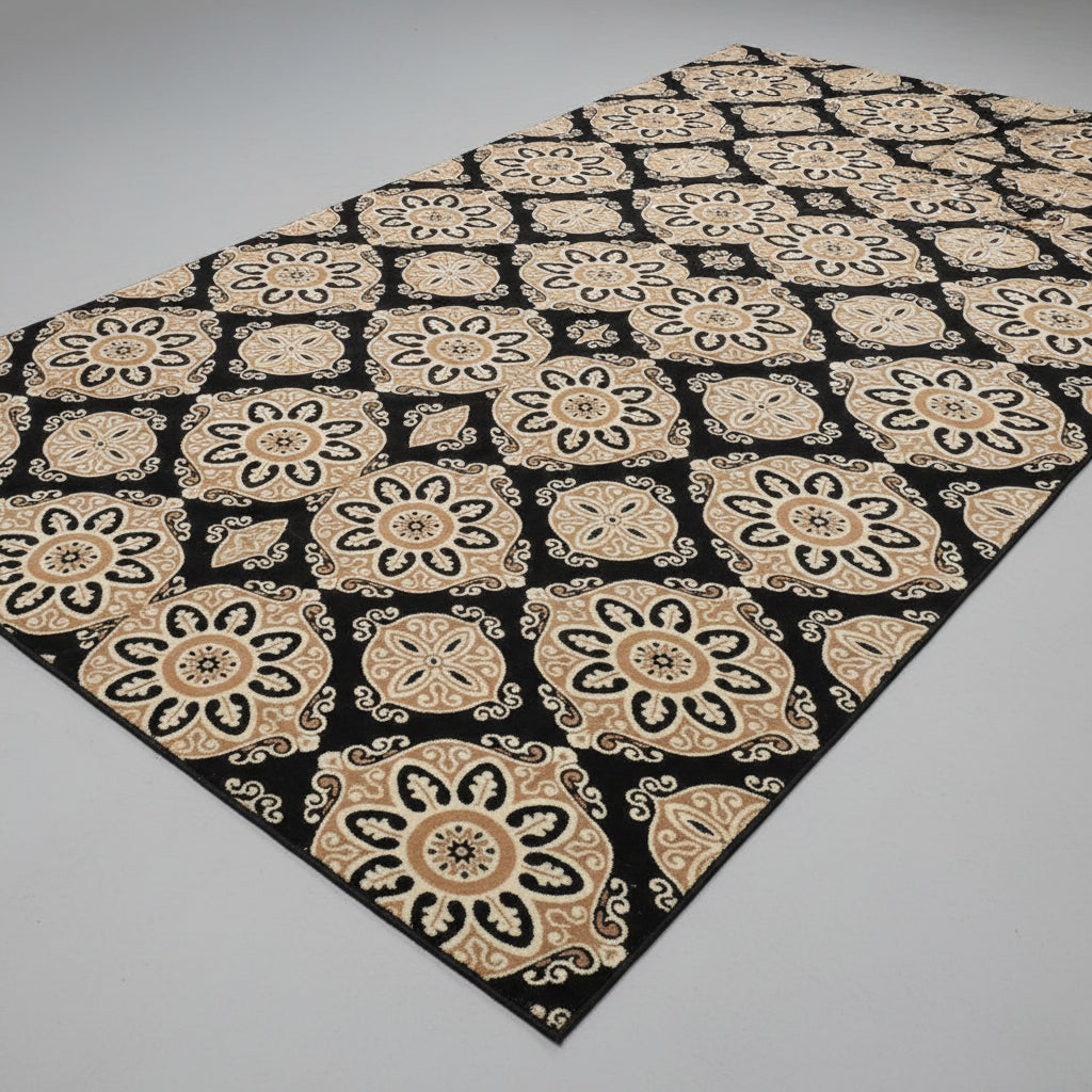 Jzah Shop|Black & Beige Suzani Floral Medallion Carpet