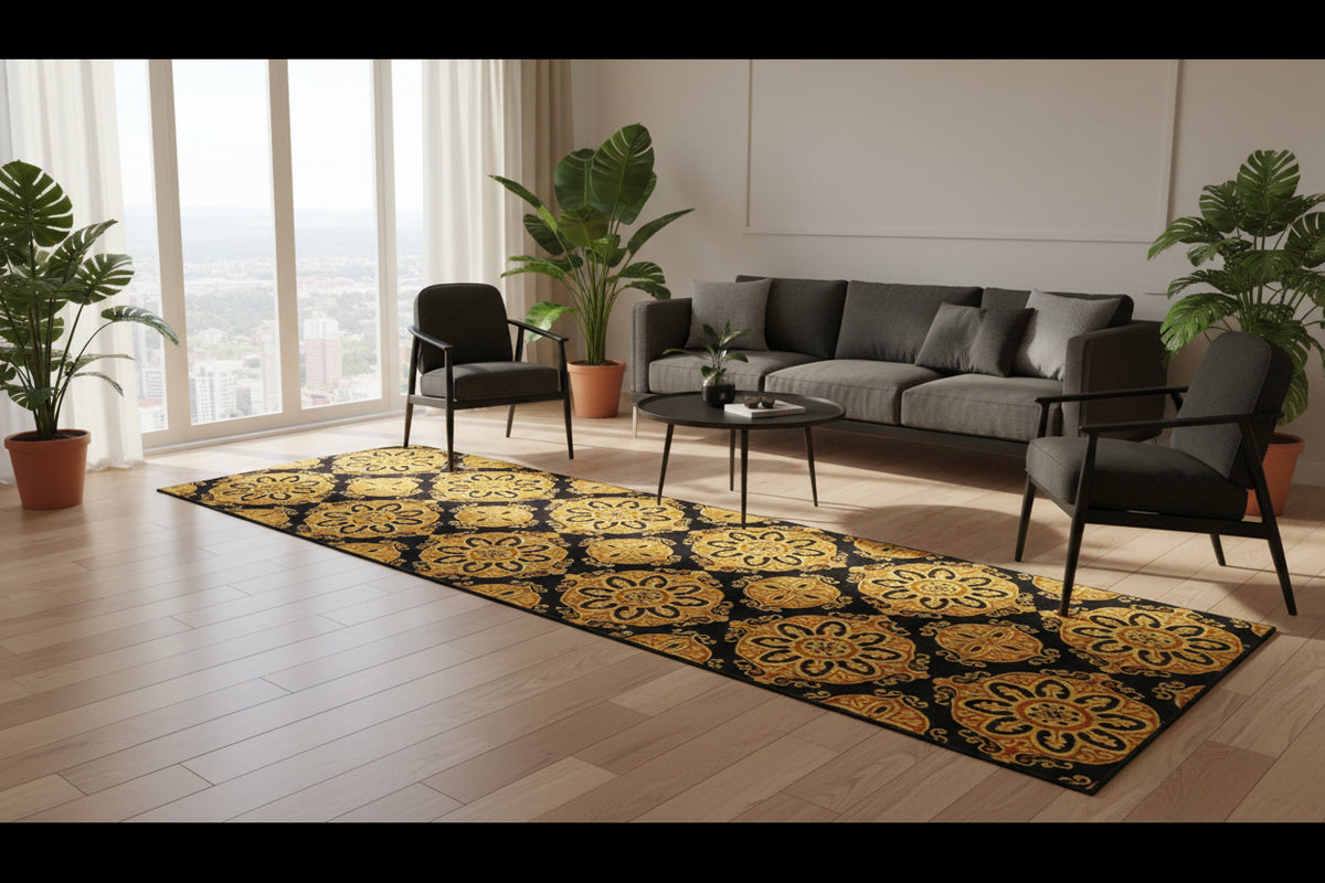 Black & Gold Medallion Floral Carpet – Traditional Pakistani Design