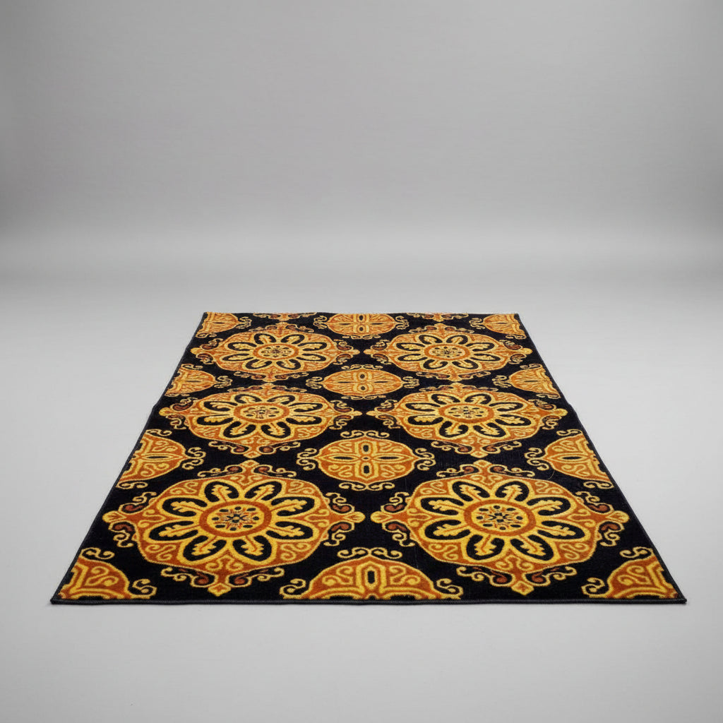 Black & Gold Medallion Floral Carpet – Traditional Pakistani Design