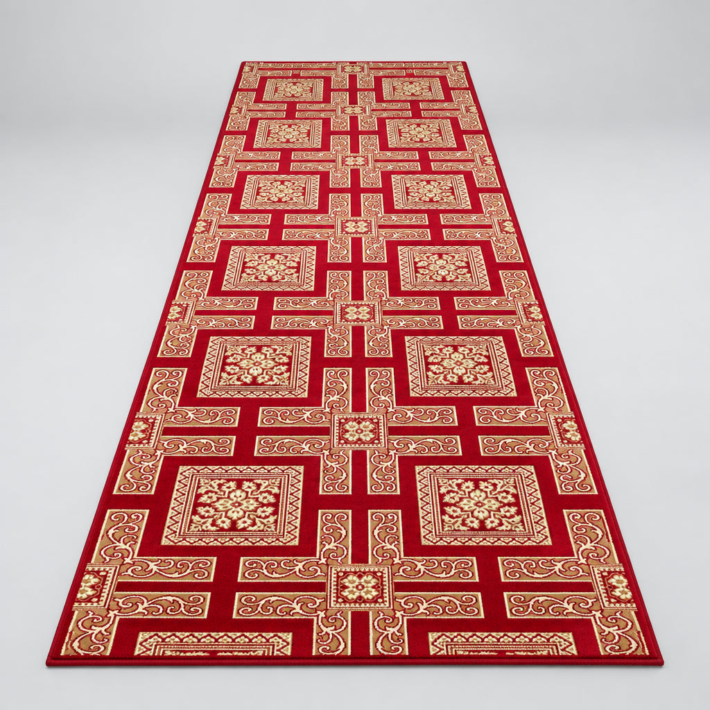 Jzah Shop | Red & Gold Luxury Runner Rug – Classic Geometric Medallion