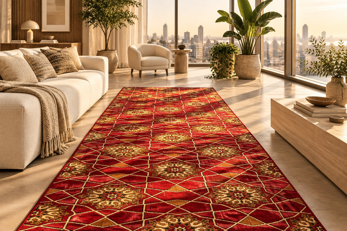Jzah Shop| Red Diamond Floral Runner Rug – Traditional Trellis Design