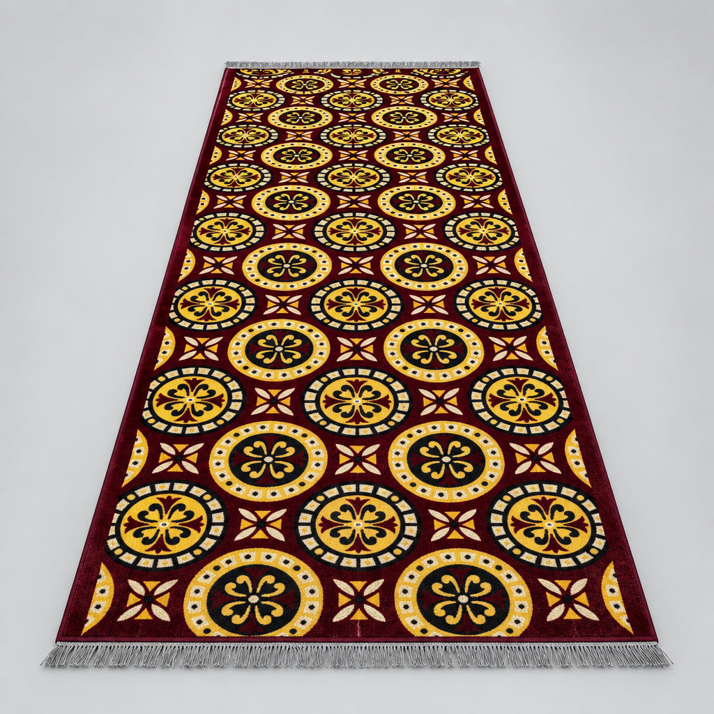 Jzah Shop | Maroon & Yellow Circle Medallion Carpet – Bohemian Floral Design