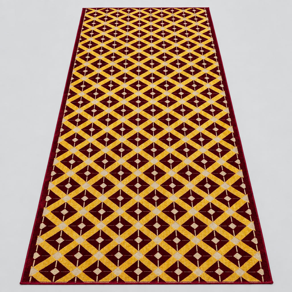 Jzah Shop | Maroon & Gold Diamond Trellis Carpet – Modern Geometric Design