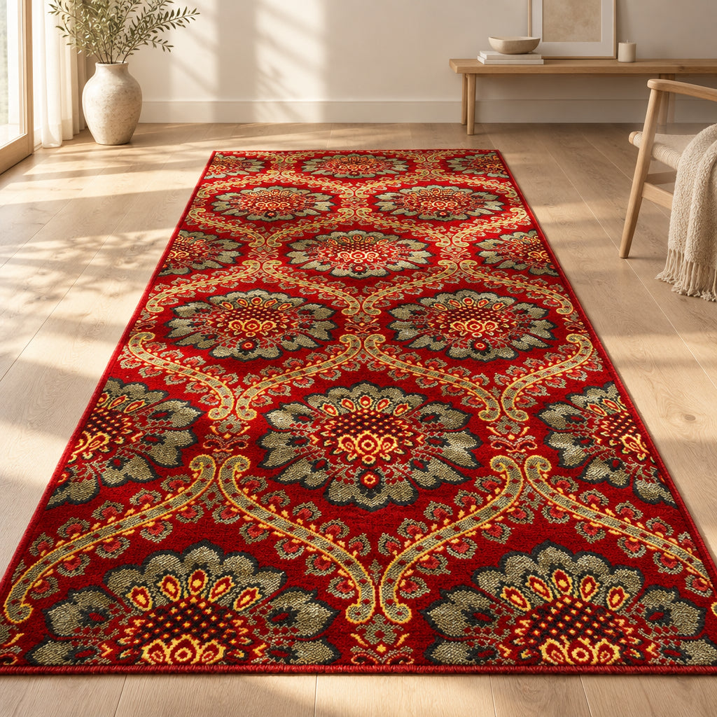 Jzah Shop | Red & Green Persian Floral Runner Carpet – Traditional Medallion Design
