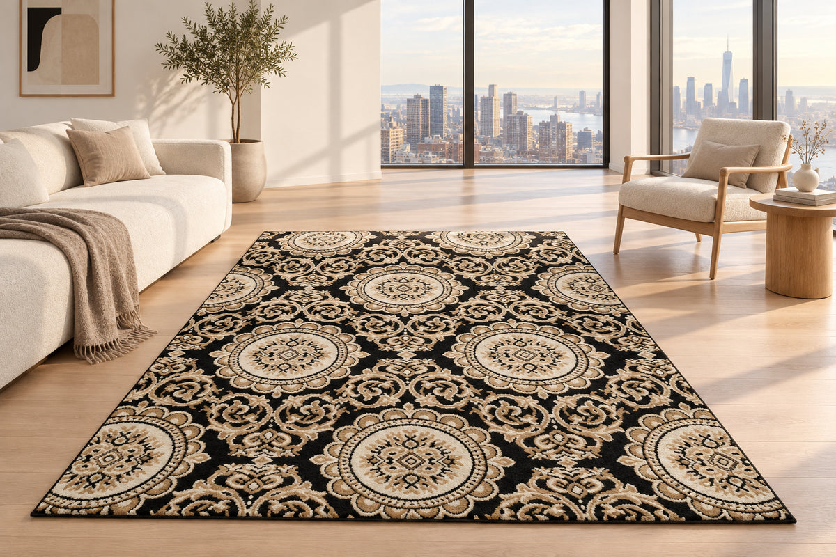 Jzah Shop| Black & Cream Baroque Medallion Carpet – Luxury Floral Design