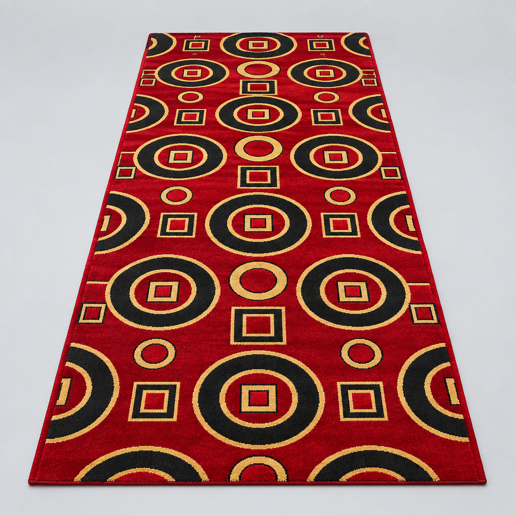 Jzah Shop | Red, Black & Gold Geometric Circles Runner Carpet – Modern Retro Design