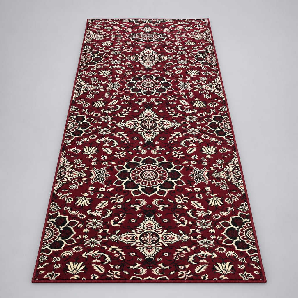 Jzah Shop | Deep Red & Cream All-Over Floral Runner Carpet – Classic Persian Design