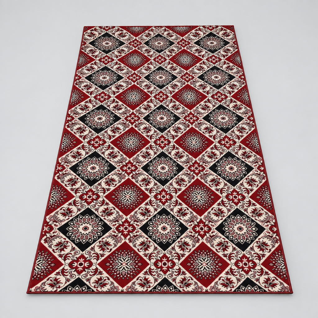 Jzah  Shop| Red, Black & Cream Patchwork Diamond Carpet – Mosaic Floral Tile Design