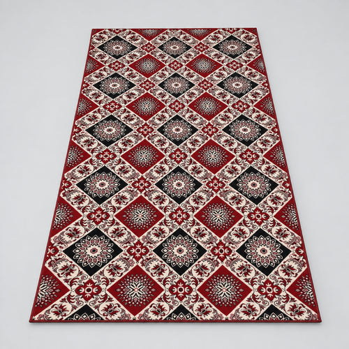 Jzah  Shop| Red, Black & Cream Patchwork Diamond Carpet – Mosaic Floral Tile Design