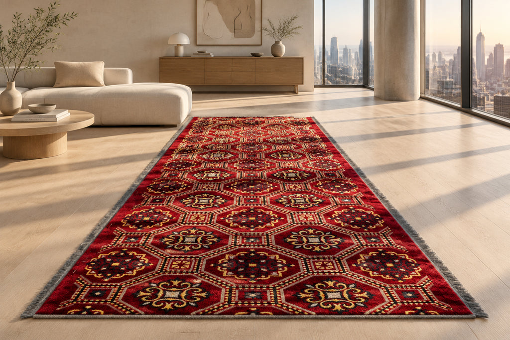Jzah Shop | Red Hexagonal Tribal Runner Carpet – Handcrafted Kilim Fringe Design