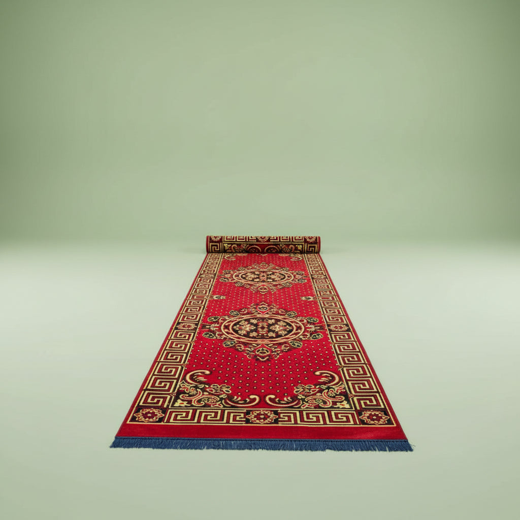 Jzah Shop|Red Traditional Medallion Runner Rug with Blue Fringe