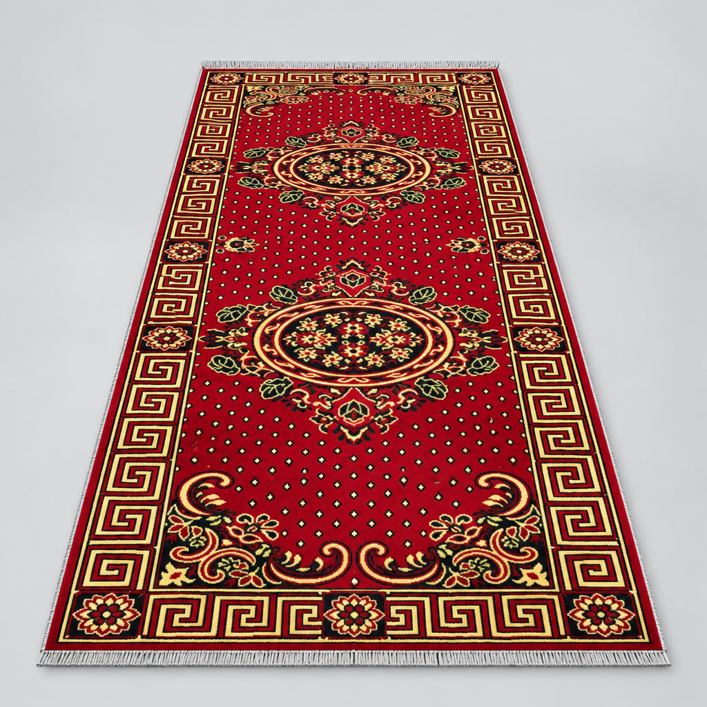 JzahShop | Red & Gold Greek Key Medallion Carpet – Classic Versace-Inspired Design