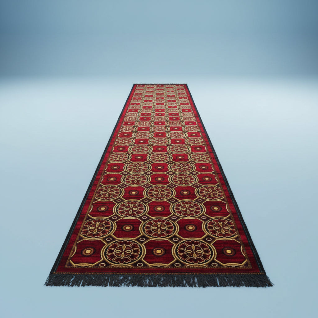 Jzah Shop | Red & Gold Rosette Long Runner – Circle Medallion Pattern