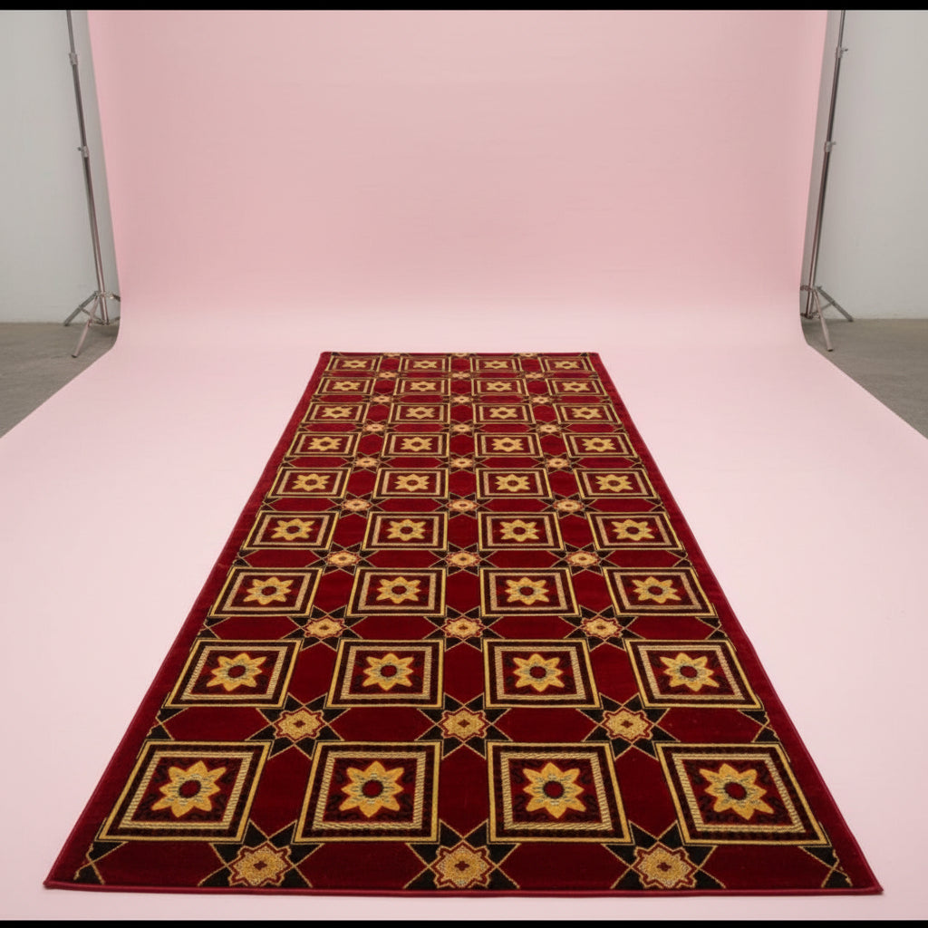 Jzah Shop | Red & Gold Star Grid Wool Carpet – Geometric Square Pattern