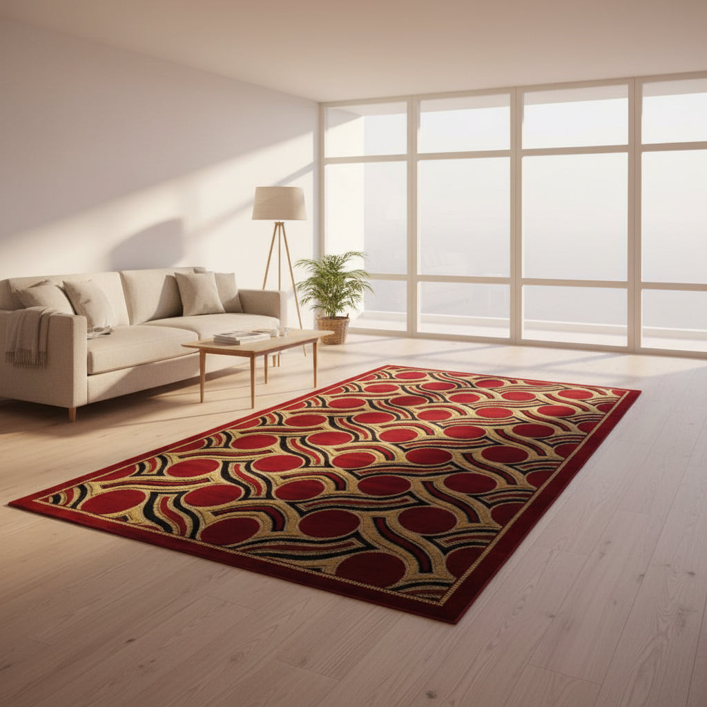 Jzah Shop | Handcrafted Burgundy & Gold Art Deco Wool Carpet – Circle Wave Pattern