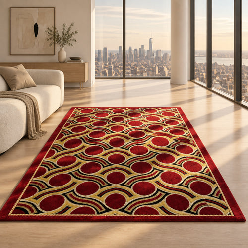 Jzah  Shop | Red & Gold Art Deco Circle Carpet – Glamorous Ogee Wave Design