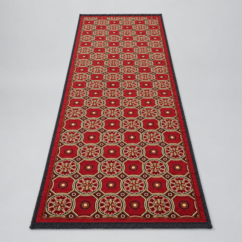 Jzah Shop | Red & Black Circle Medallion Runner Carpet – Suzani Floral Tile Design
