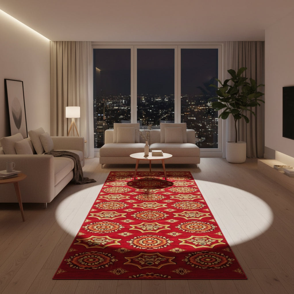 Jzah Shop | Handcrafted Red Star Medallion Wool Runner – Traditional Floral Pattern