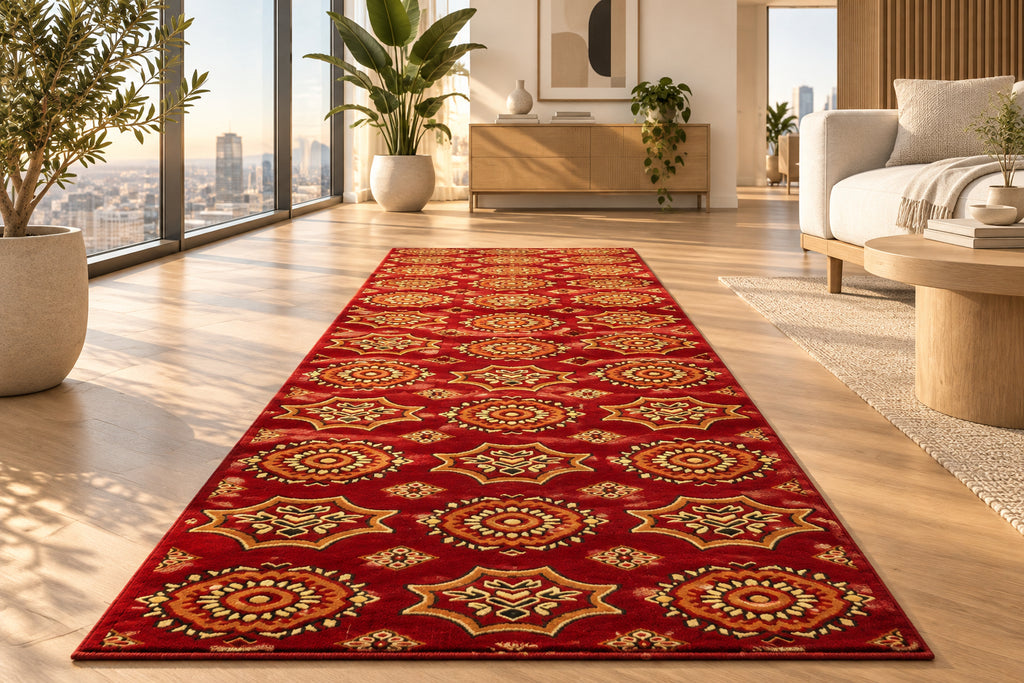 Jzah Shop | Red & Orange Multi-Medallion Star Runner Carpet – Tribal Boho Design