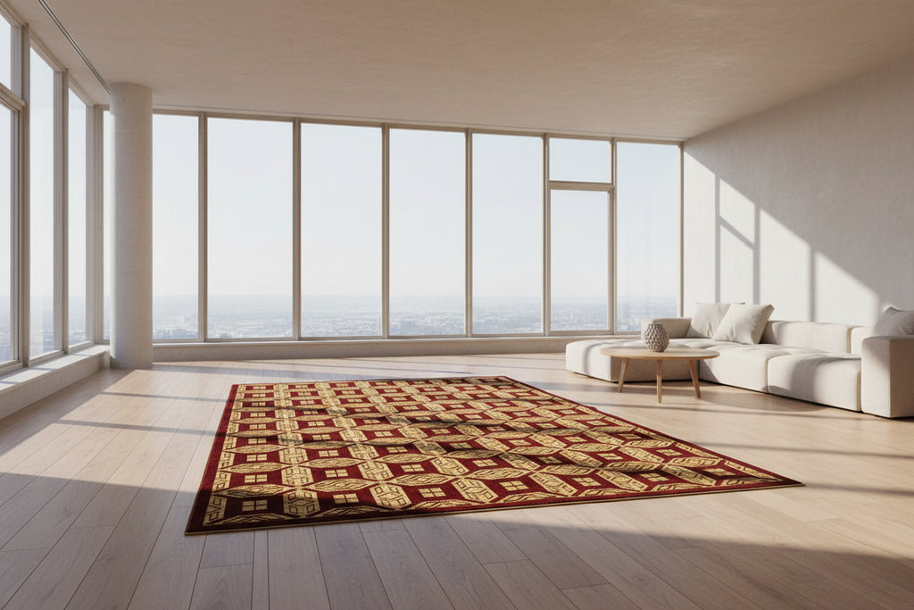 Jzah Shop | Handcrafted Burgundy & Gold Geometric Wool Carpet – Diamond Lattice Pattern