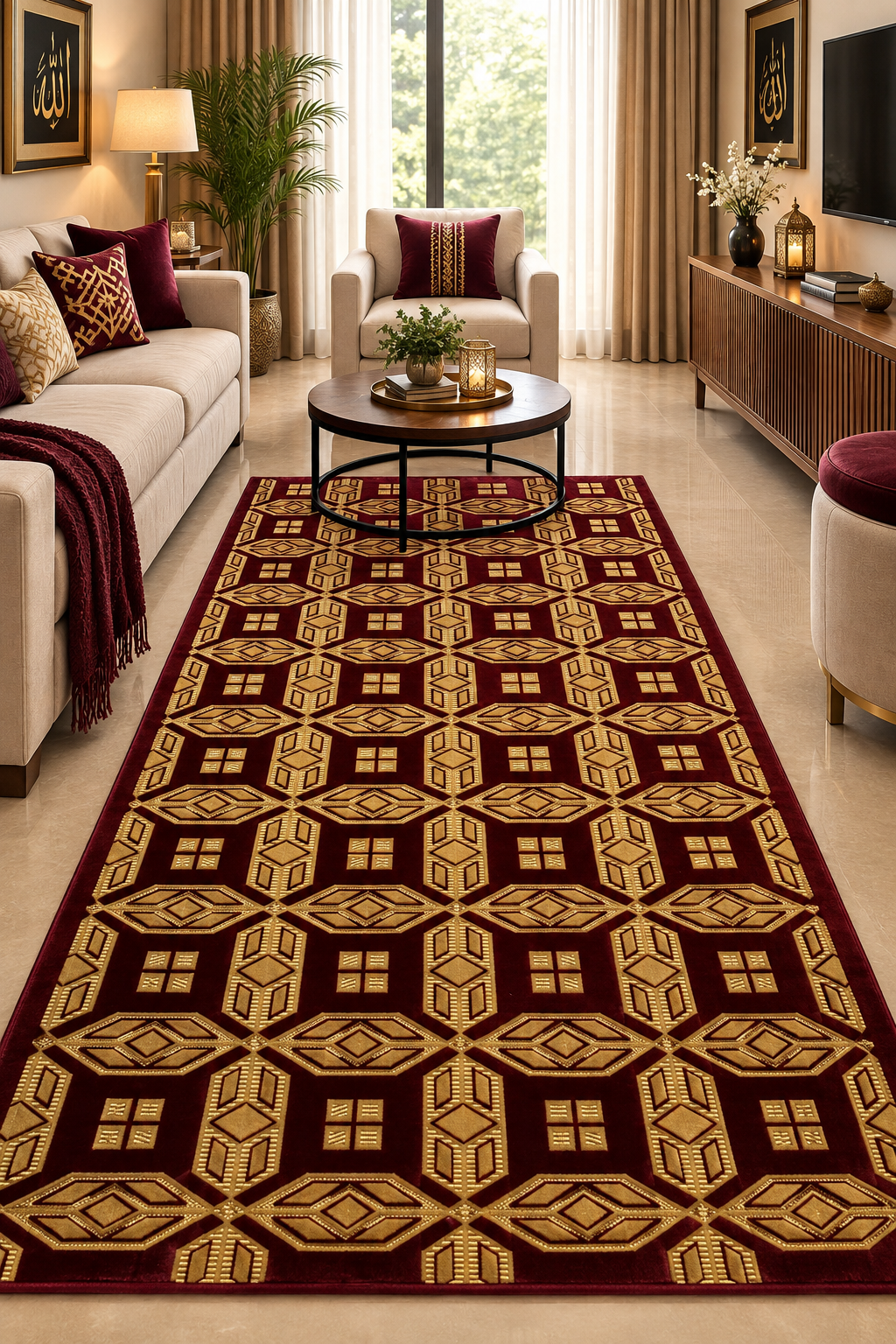 Jzah Shop | Handcrafted Burgundy & Gold Geometric Wool Carpet – Diamond Lattice Pattern