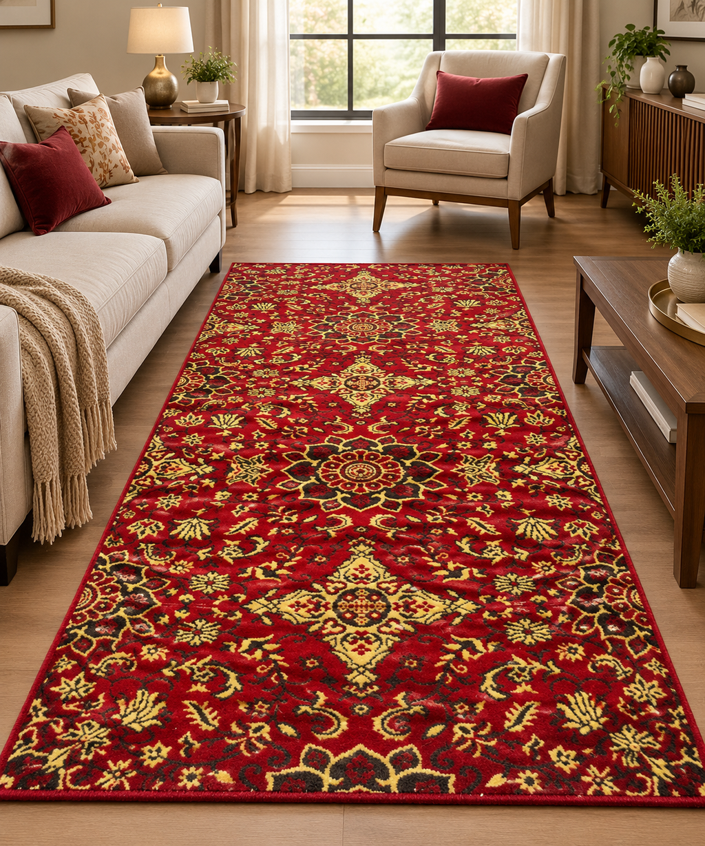 Jzah Shop | Handcrafted Red & Gold Floral Medallion Wool Runner – Traditional Persian Design