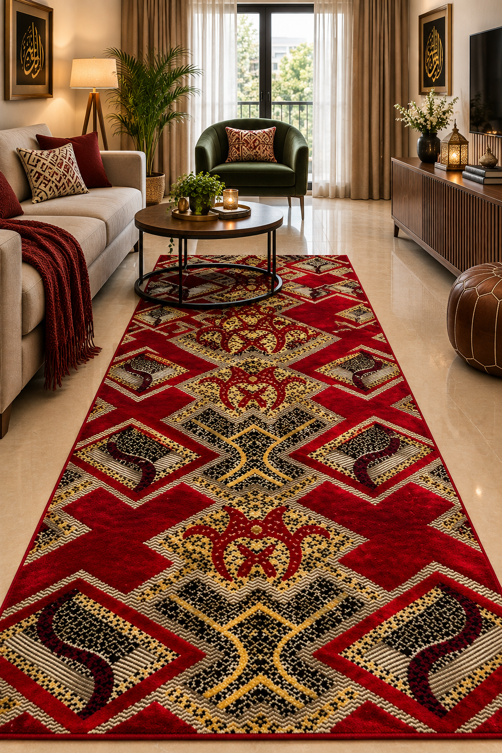 Jzah Shop | Handcrafted Red Geometric Wool Carpet – Bold Tribal Cross Pattern