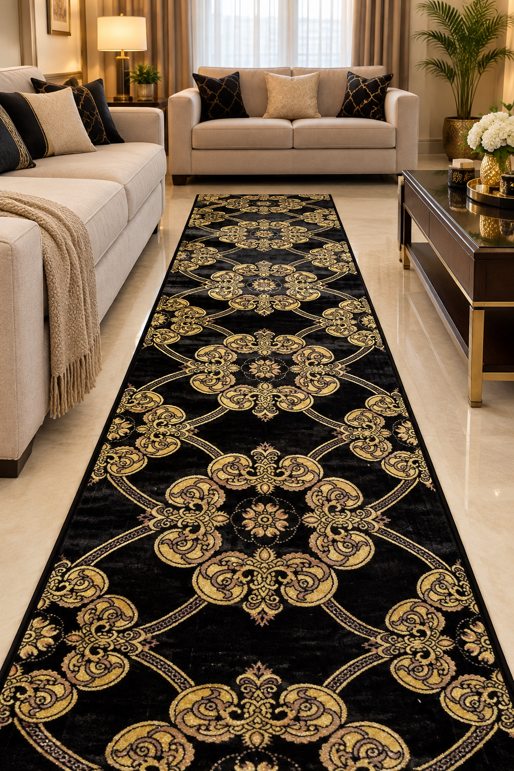 Jzah Shop | Black & Gold Luxury Runner Rug – Oriental Floral Medallion